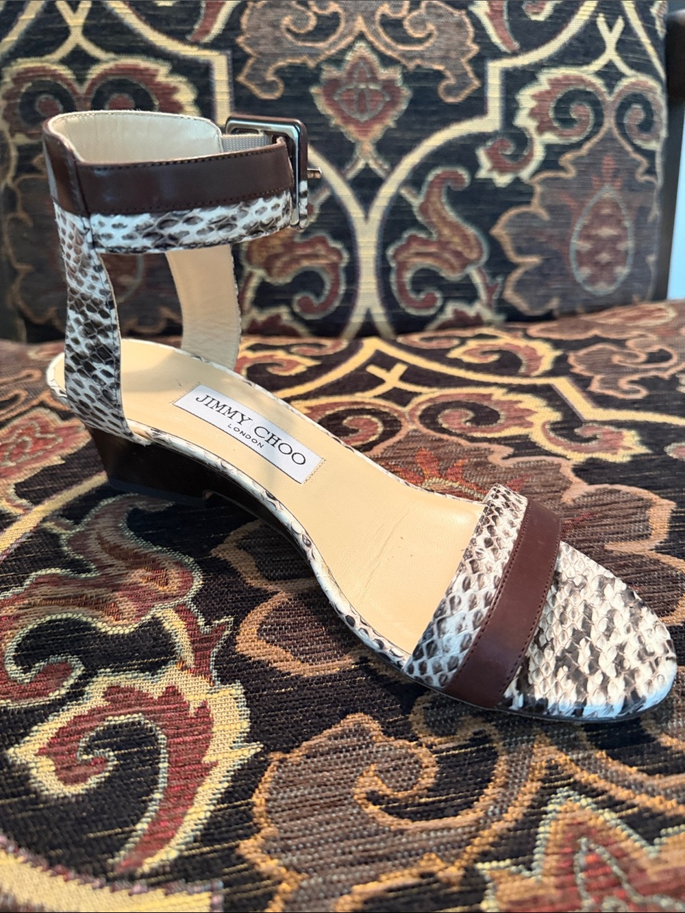 JIMMY CHOO GORGEOUS SNAKE & LEATHER LO WEDGE SANDALS
